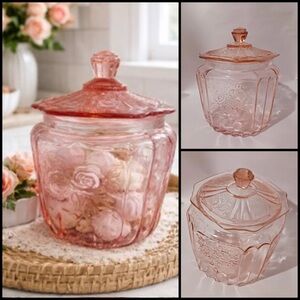Vintage Pink Floral Mayfair Open Rose Depression Glass Cookie Jar Canister 8.5”H